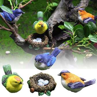 1Pc Multicolor Miniature Birds Figurines Resin Garden Ornament Faux Birds' Nests Statue Accessories Home Decoration