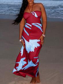 Fashionable Backless Sleeveless Digital Print Halter Neck Bodycon Mini A-Line Dress, Party Dress, For Cocktail - Burgundy - View 4