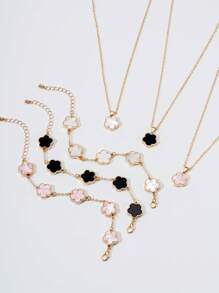 Set de 2 piezas - 1 colgante + 1 pulsera, Charm ovalado de trébol de 5 hojas minimalista y de lujo, adecuado como regalo para novia, boda, graduación o cita