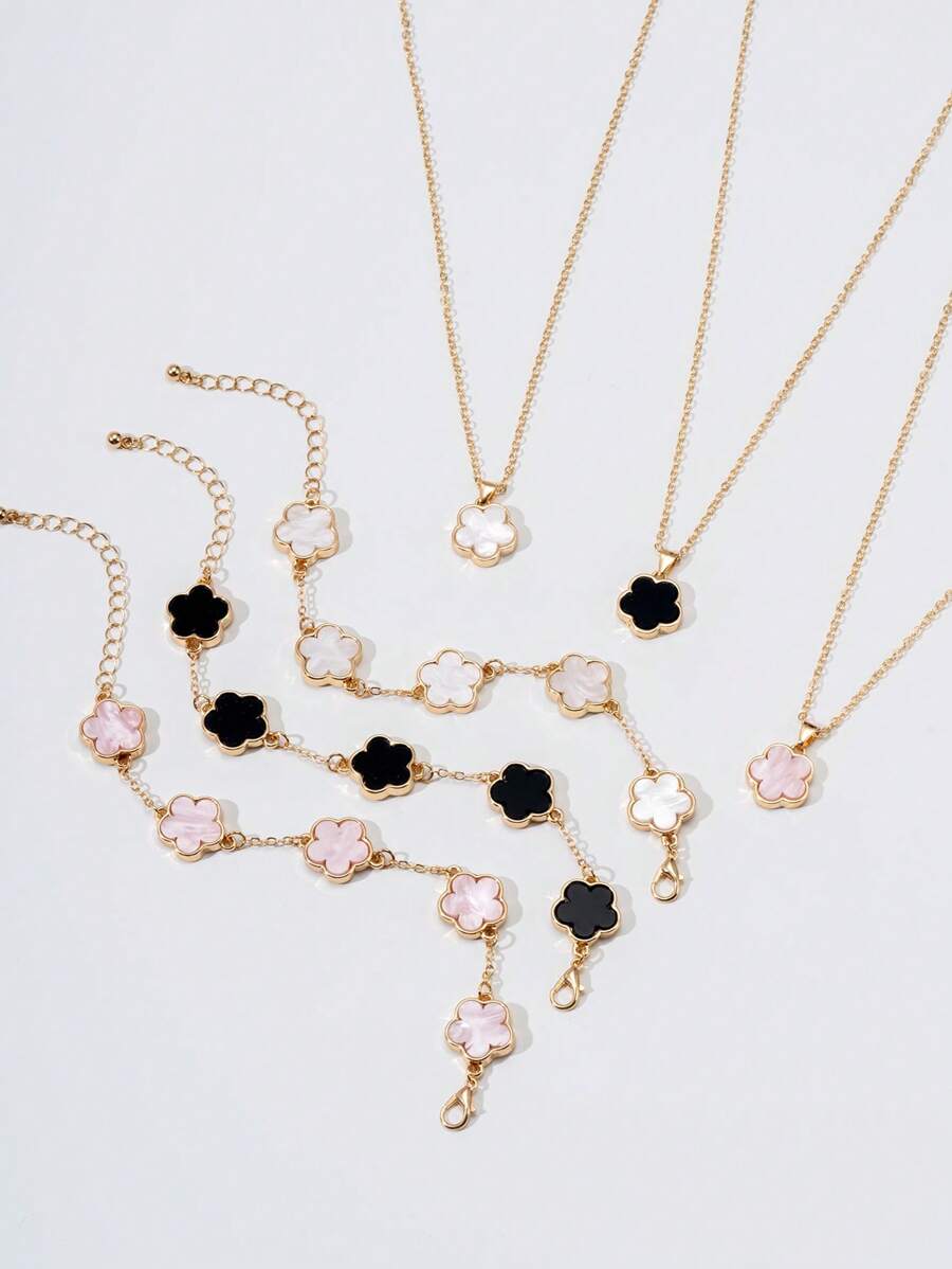 Set de 2 piezas - 1 colgante + 1 pulsera, Charm ovalado de trébol de 5 hojas minimalista y de lujo, adecuado como regalo para novia, boda, graduación o cita