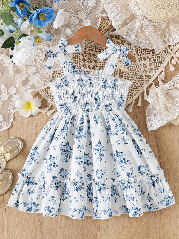 Baby Mädchen Kleid mit Rüschen-Träger, Schleifen-Dekor und Rüschen-Saum, ärmellos, mit Blumen Muster