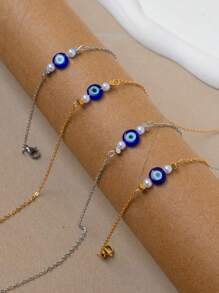 Conjunto de 2 peças de colar e pulseira de contas geométricas assimétricas minimalistas e modernas com mau-olhado em aço inoxidável, adequado para uso diário