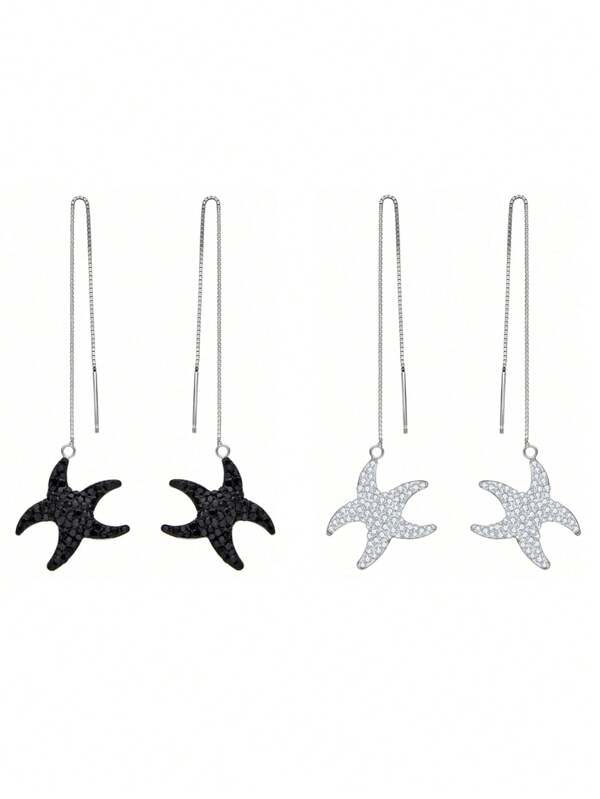 1 Pair Cute 925 Sterling Silver Starfish Cubic Zirconia Tassel Earrings, Fashion & Versatile Suitable For Women Casual/Vacation Wear