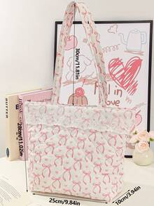 1 件大容量购物手提袋，带蕾丝装饰，可爱花朵和蝴蝶结图案单肩包，时尚绗缝设计手提包，轻便拉链手提包，女士旅行单肩包，带内袋，时尚双手柄钱包，适合购物、旅行、通勤、办公室、外出和学校，休闲购物袋，女童书包单肩包