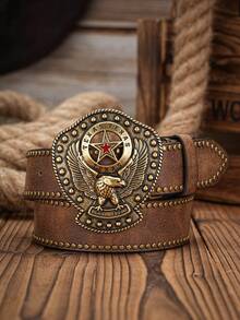 1 条男女通用西部牛仔风格休闲时尚 PU 皮带，印花铆钉装饰金属扣，复古个性，多色可选 - 老鷹 - 查看 1