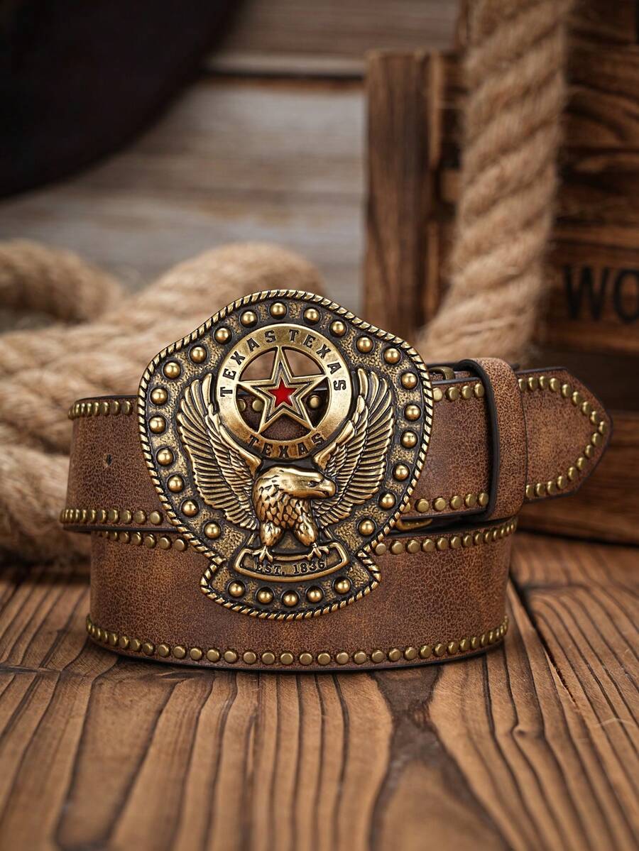 1 条男女通用西部牛仔风格休闲时尚 PU 皮带，印花铆钉装饰金属扣，复古个性，多色可选 - 老鷹 - 查看 1