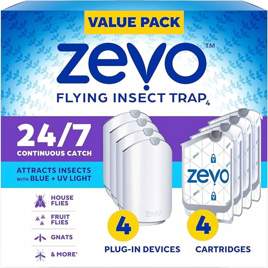Zevo Flying Insect Trap & Cartridge - Plug In Fly Trap & Indoor Bug Catcher For Gnats, House & Fruit Flies - Mess-Free - Use In Any Room - Uses Blue & UV Light (1 Plug In Device & 1 Cartridge) - 4 個設備和 4 個墨盒 - 查看 1