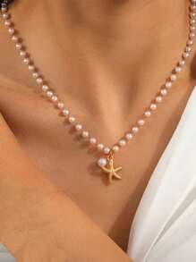 1pc Casual 18K Gold Stainless Steel High Protection Color Faux Pearl Starfish Pendant Necklace, Suitable For Women Beach Holiday Wear, Waterproof Jewelry Accessory Gift, No Gift Box (USA)
