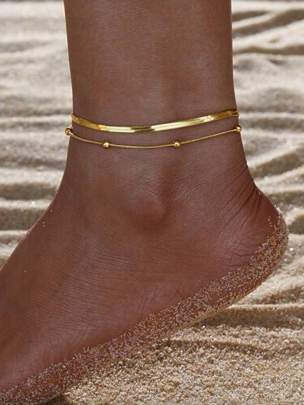 MONALLY 18K vergulde 2 stuks casual mode slangenbot bal ketting gouden enkelbandjes voor vrouwen roestvrij staal sieraden vriendschap verjaardagscadeau voor zomer vakantie reizen strandfeest