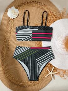 Maillot de bain imprimé fendu avec col ras-du-cou pour femme, adapté pour les vacances et les fêtes