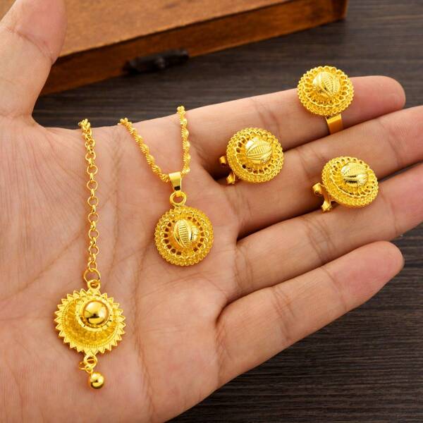 4pcs/Set Golden Color Classic Minimalist Round Jewelry Accessory Set, Including Earrings, Ring, Necklace, Head Chain, Middle Eastern Everyday Women Jewelry Set, Birthday Party Festival Gift
