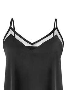 Camiseta de tirantes con panel de malla y cuello en V para mujer, de color liso, casual y elegante para la playa, vacaciones, luna de miel y citas. Puede usarse como camiseta interior. Primavera/Verano