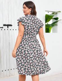 Women's Plus Size Summer Floral Midi Dress V-Neck A-Line Dress Ruffled Cap Sleeves Belt Dresses With Pocketed Casual Outfit - 黑色 - 查看 6