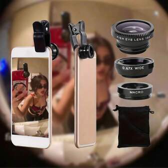 3-in-1 Fisheye/Groothoek/Macro Lens Kit, Clip-On Lens Set Compatibel met Apple, Redmi Telefoons Compatibel met iPhone Android Telefoon Voor Zomervakantie, Reizen, Creatieve Fotografie Telefoonaccessoires, Telefoonlens