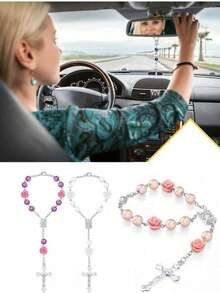 1 pieza Rosario para auto de ABS con espejo, cuentas para el espejo retrovisor, medalla de rosa, cuentas de oración católicas, decoración de interior, accesorio colgante de cruz para mujeres y hombres - Multicolor - Ver 1