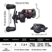 DAIWA Reel de lanzamiento DAIWA PR100, relación de engranaje 7.3:1, carrete de línea de aluminio de 33 mm, carrete de pesca anti-contragolpe