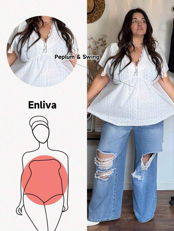Enliva Plus Eyelet Embroidery Butterfly Sleeve Tee