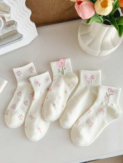 5 Pairs Girls' Cute & Sweet Short Socks, Versatile Ankle Socks, Suitable For Spring & Summer