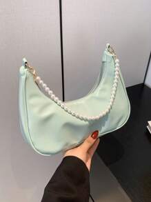 Bolso de hombro en forma de media luna con cadena de perlas, elegante bolso bandolera, bolso de mano mini, bolso casual para exteriores, versátil bolso para viajes