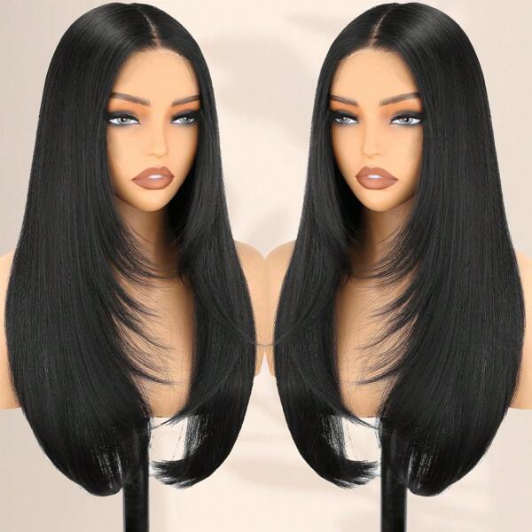 Black Wear And Go Glueless Wigs Straight Lace Front Wig Pre Cut Glueless Synthetic Layered Wig 24 Inch Middle Part Closure Wig For Women
