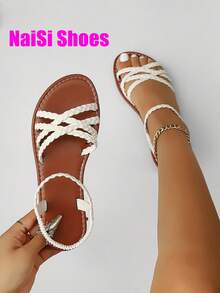 Giày sandal đế bằng cho nữ, Giày hở mũi kiểu La Mã mùa hè, quai đan hở lưng, Giày mùa hè thoải mái, Thích hợp để mặc hàng ngày, Thiết kế hở mũi thời trang, Thoáng khí, Dép sandal thường ngày đa năng, Phù hợp với mọi trang phục, Có sẵn màu đen, trắng, nâu - trắng - Xem 3