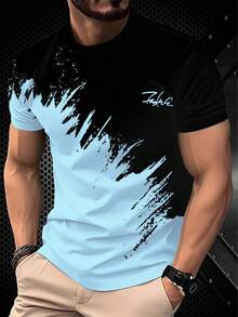 高对比度黑白泼墨印花加大码男士T恤，舒适、时尚、透气、休闲短袖