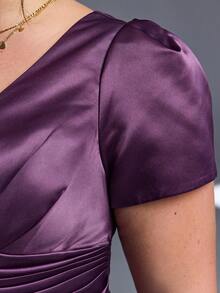 Váy phù dâu màu trơn cổ chữ V mới của Mgiacy Váy dài bằng vải satin tay bồng nhún bèo - Màu tím - Xem 7