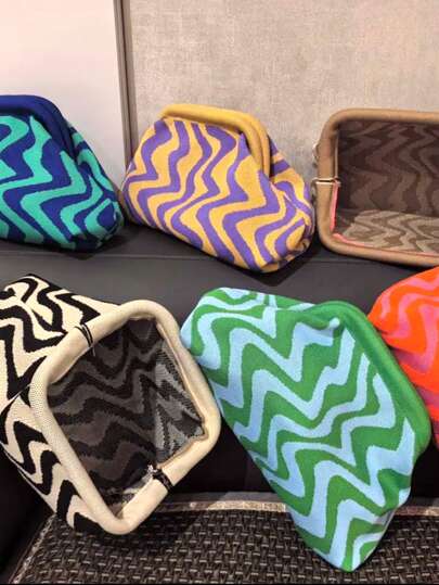 Fashionable Striped Knit Patchwork Clutch Bag, Durable Structure Knitted Wavy Pattern Makeup Bag, Stylish Outdoor Storage Bag, Beach Vacation Bag, Party Evening Bag, Daily Portable Travel Essentials