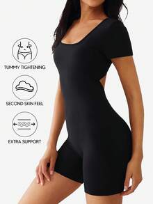 Women's Solid Color Open Back Sleeveless Romper Simple Daily Skinny Jumpsuit Versatile Short Bodycon Jumpsuit - 黑色 - 查看 4