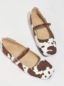 Giày Mary Jane họa tiết bò cho nữ, giày bệt mũi vuông cổ thấp thường ngày, phong cách ngoài trời mùa hè - màu nâu - Xem 9