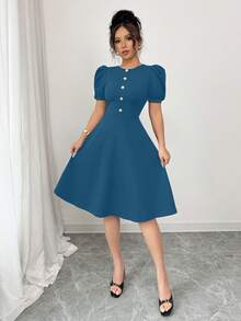 女士休闲纯色纽扣灯笼袖迷你连衣裙，优雅夏季款 - 湖藍色 - 查看 3