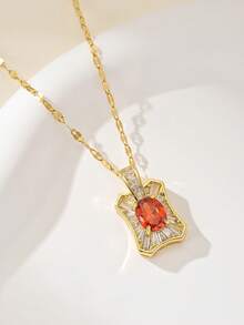 1pc Gold Luxury Rhinestone Geometric Pendant Necklace, Fashionable & Personalized, Suitable For Party, Wedding, Gift - Yellow Gold - View 3