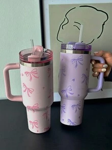 1 件 40 盎司-14 盎司不锈钢隔热杯，带蝴蝶结设计，大容量旅行杯带手柄，适用于汽车、学校、办公室、户外、健身房、家居，是送给女性和青少年的绝佳礼物，节日礼物，生日礼物（带吸管）