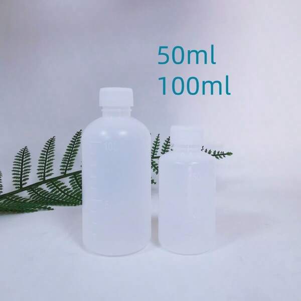 2 Peças Garrafas de Água de Plástico Graduadas de 50ml e 100ml, Semitransparente, Amostragem, Boca Pequena, Embalagem de Solvente Líquido