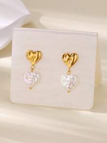 SHEIN MOD 1Pair Sweet Texture Heart Earrings For Women Gold Plated Stainless Steel Earrings Wedding Travel Birthday Jewelry Valentine's Day Gift - Yellow Gold - View 2