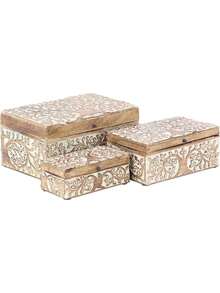 Mango Wood Floral Decorative Box Decorative Keepsake Boxes With Hinged Lid, Set Of 3 Storage Boxes 8", 10", 12"W, Brown - Brown - View 1