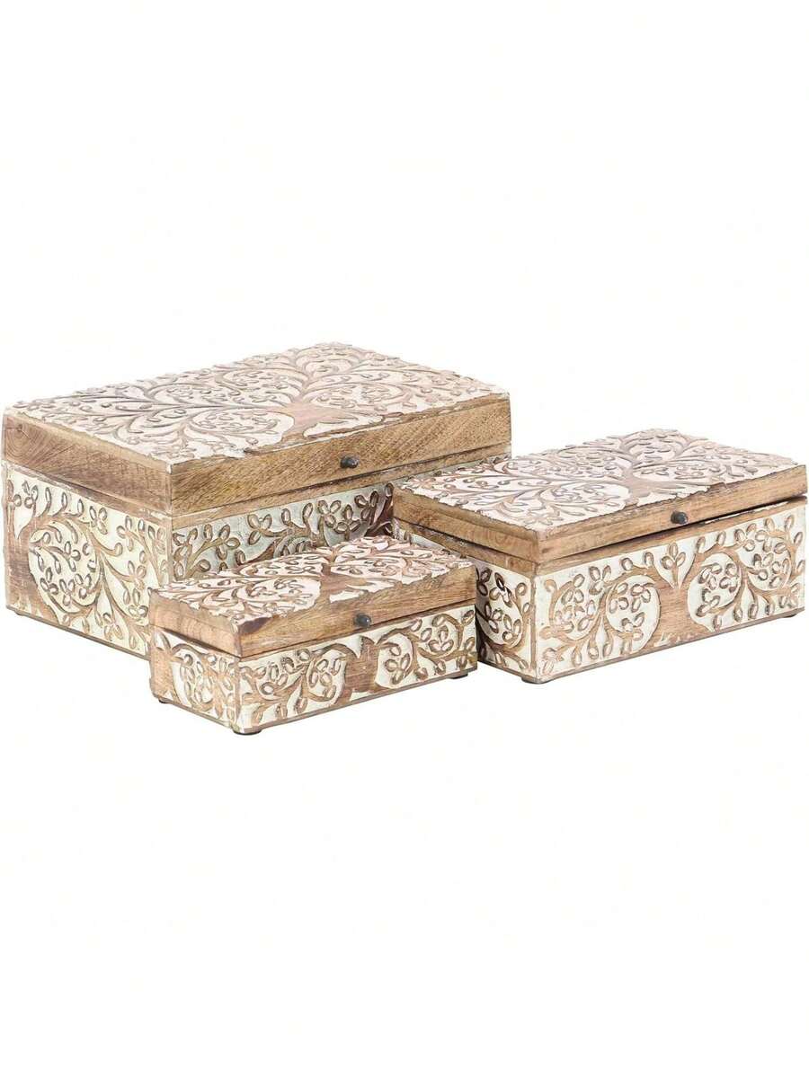 Mango Wood Floral Decorative Box Decorative Keepsake Boxes With Hinged Lid, Set Of 3 Storage Boxes 8", 10", 12"W, Brown - Brown - View 1