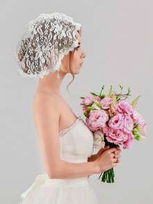 1 件女式头巾蕾丝头巾刺绣教堂面纱，短面纱，刺绣头饰，花卉蕾丝教堂帽，圆形花卉蕾丝头纱斗篷，白色 - 彩色 - 查看 11