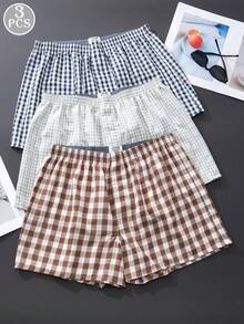 3 件装男士透气松紧腰格子印花平角短裤，宽松休闲内裤 - 彩色 - 查看 1