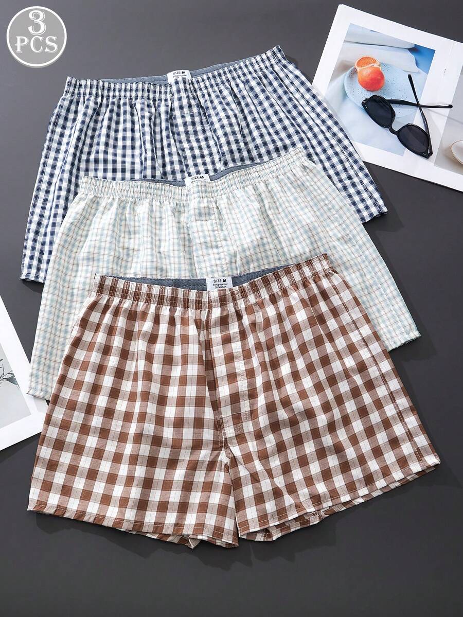 3 件装男士透气松紧腰格子印花平角短裤，宽松休闲内裤 - 彩色 - 查看 1