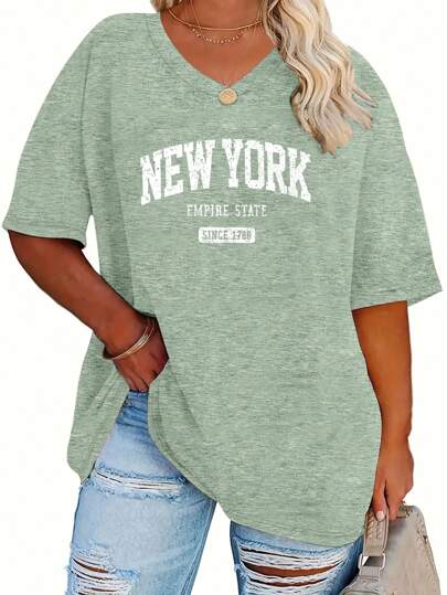 Plus Size Women Casual V-Neck T-Shirt - Plus Size Dropped Shoulder, Short Sleeve, Letter Print, Soft Polyester Blended, Olive Green, "New York Empire State Building" Graphic, Relaxed Fit | High Waisted T-Shirt | Opaque Fabric, Ladies T-Shirt