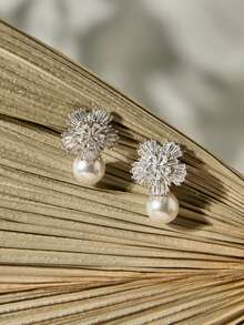 1 đôi bông tai thả đính đá Cubic Zirconia giả ngọc trai thanh lịch dành cho nữ dùng làm quà tặng tiệc Giáng sinh mùa đông - Bạc - Xem 5