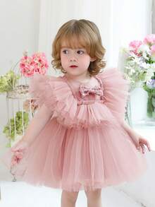 Baby Mädchen Pailletten Schleife Tüll Kurzarm Elegantes Kleid, Prinzessinnenkleid geeignet als Geschenk zum 1. Geburtstag, für Bankette, Partys, Hochzeiten als Blumenmädchen Outfit