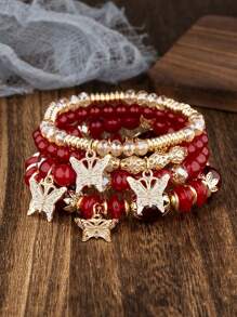 4pcs/Set Bohemian Elegant Delicate Butterfly Charm Beaded Bracelet Set, Suitable For Women's Daily Decoration