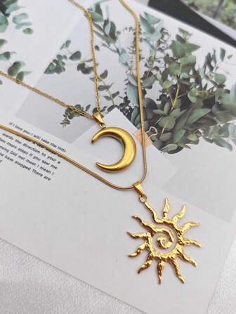 2 件 14K 金日月蛇骨设计项链，简约锁骨链首饰