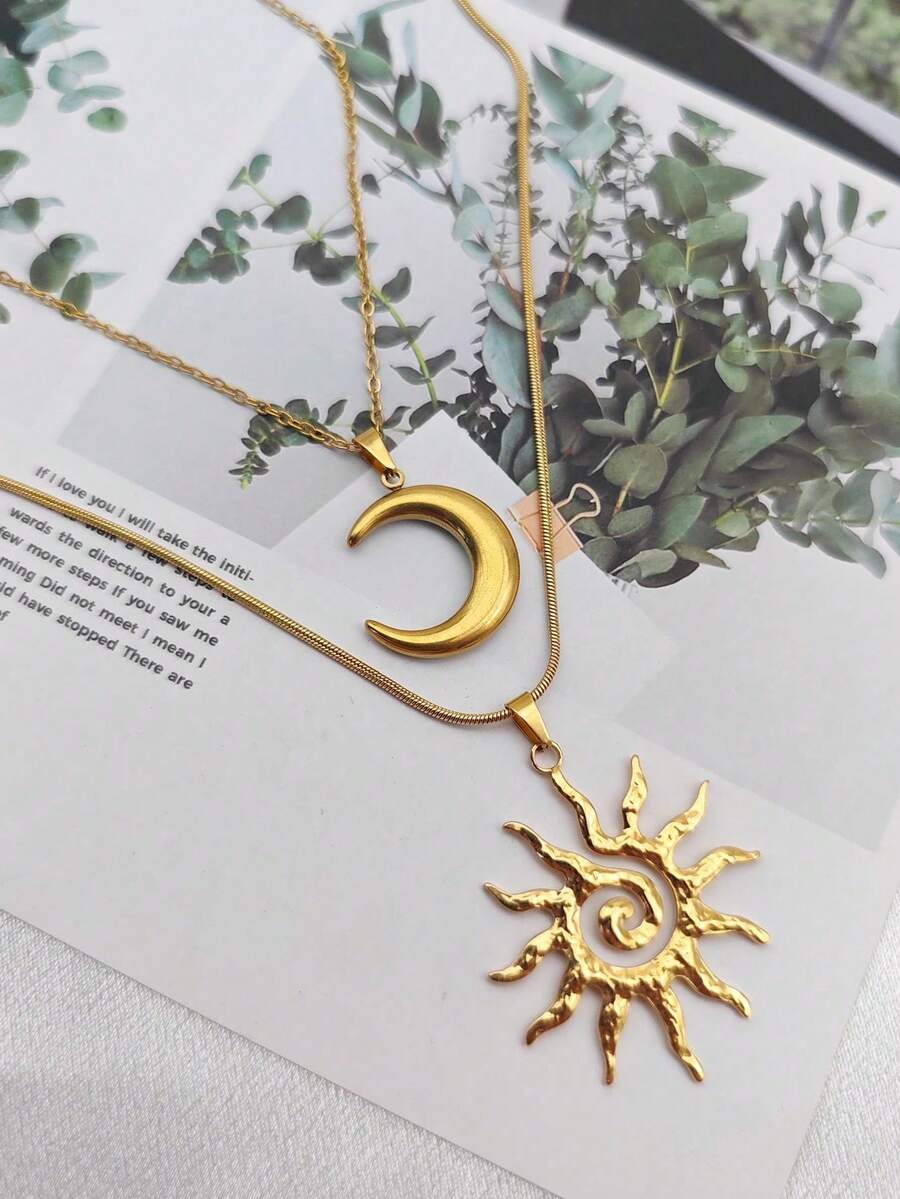 Dây chuyền thiết kế xương rắn mặt trăng mặt trời bằng vàng 14K 2 chiếc, trang sức chuỗi xương đòn tối giản - Vàng - Xem 1