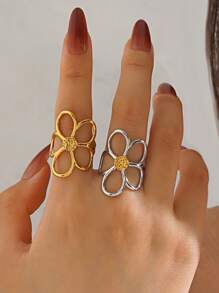 1 pieza Anillo con diseño floral dramático de acero inoxidable enchapado en oro de 18K, joyería de moda para que las mujeres puedan usar a diario, de viaje o en fiestas