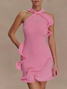 Women's Mini Bodycon Halter Dress Slim Fit Ruffled Trim Sleeveless Knitted Mini Dresses - Pink - View 2