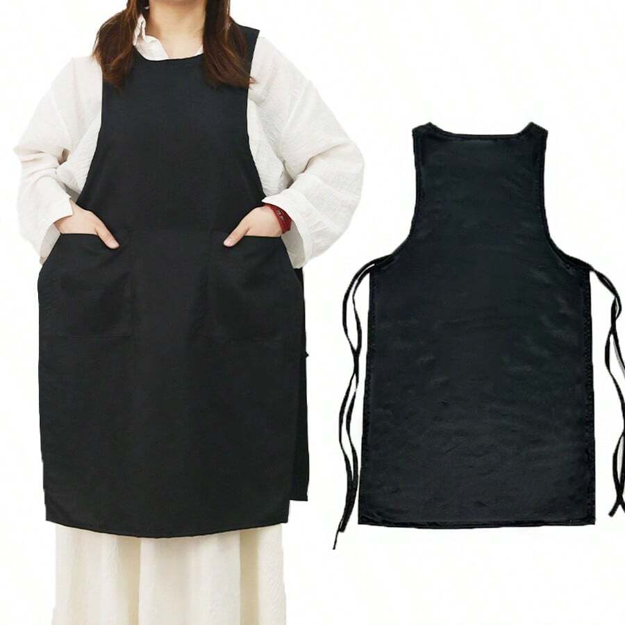 1 件长款黑色围裙背心，配有侧带和 2 个深口袋，男女通用设计，适合工作厨房使用