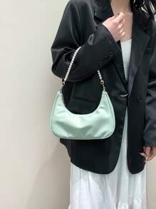 Bolso de hombro en forma de media luna con cadena de perlas, elegante bolso bandolera, bolso de mano mini, bolso casual para exteriores, versátil bolso para viajes